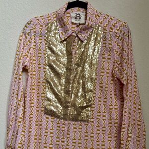 Figue Emmanuelle Sequin Bib Blouse Small Pink Yellow Ikat Tuxedo Shirt Boho Luxe